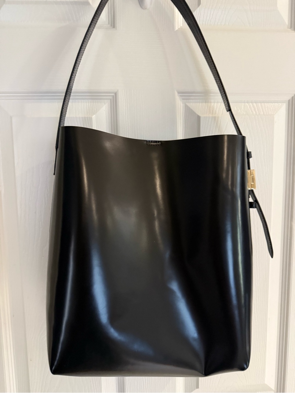 J. Crew Black Leather Bucket Tote with Gold Accent
